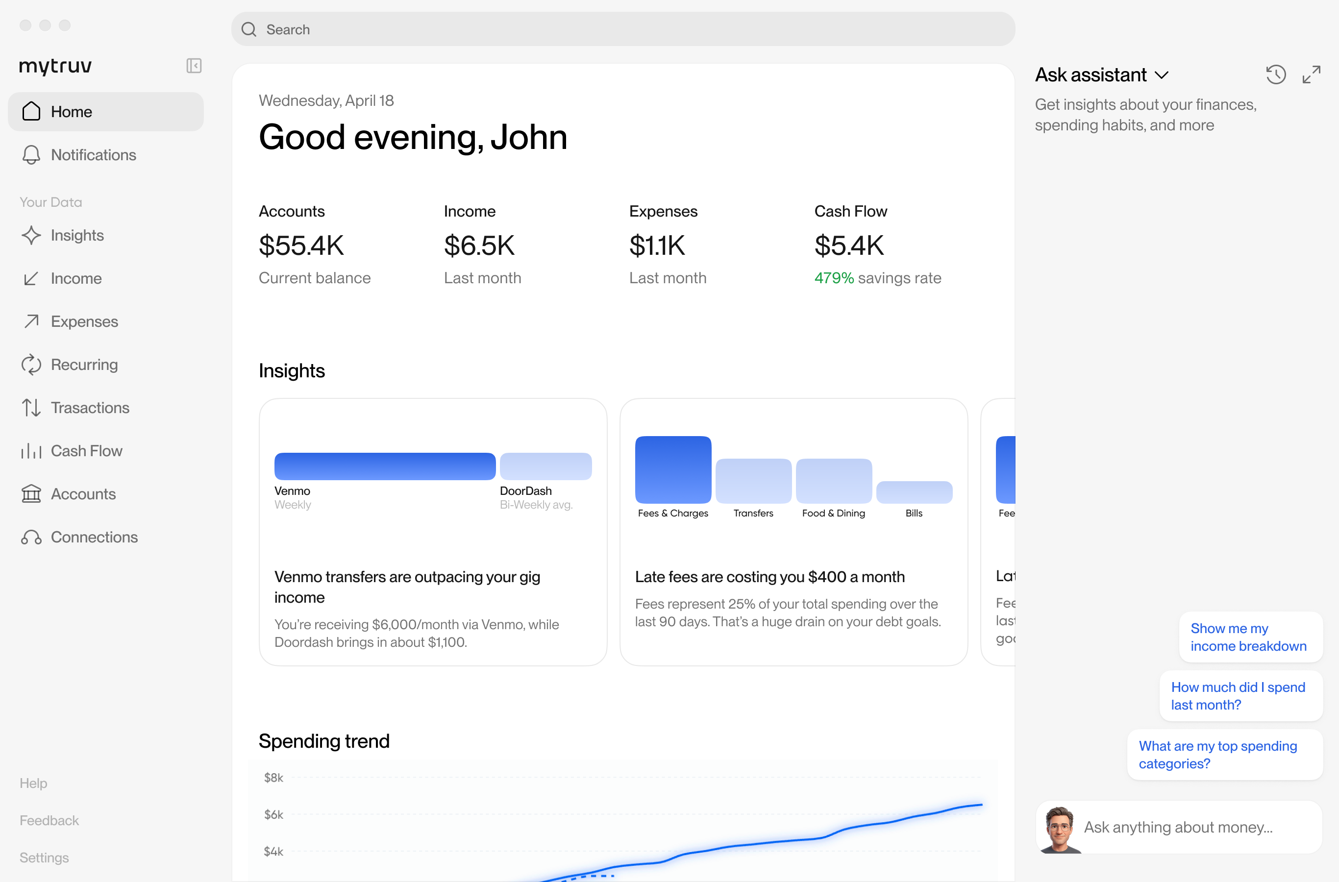 MyTruv dashboard showing spending, cash flow, and net worth